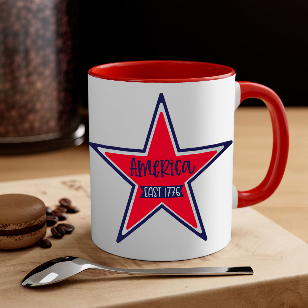 America East Style 144# Mug featuring a glossy finish with a colored handle and interior, available in multiple colors.